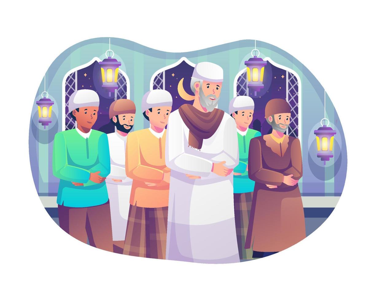 Muslim people perform tarawih prayers at the night during Ramadan. Prayers in congregation at the mosque. Flat style vector illustration