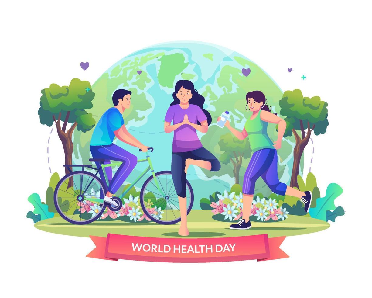 concepto de ilustración del día mundial de la salud con personas que ejercen un estilo de vida saludable. una persona que hace yoga, trota y monta en bicicleta. ilustración vectorial de estilo plano vector