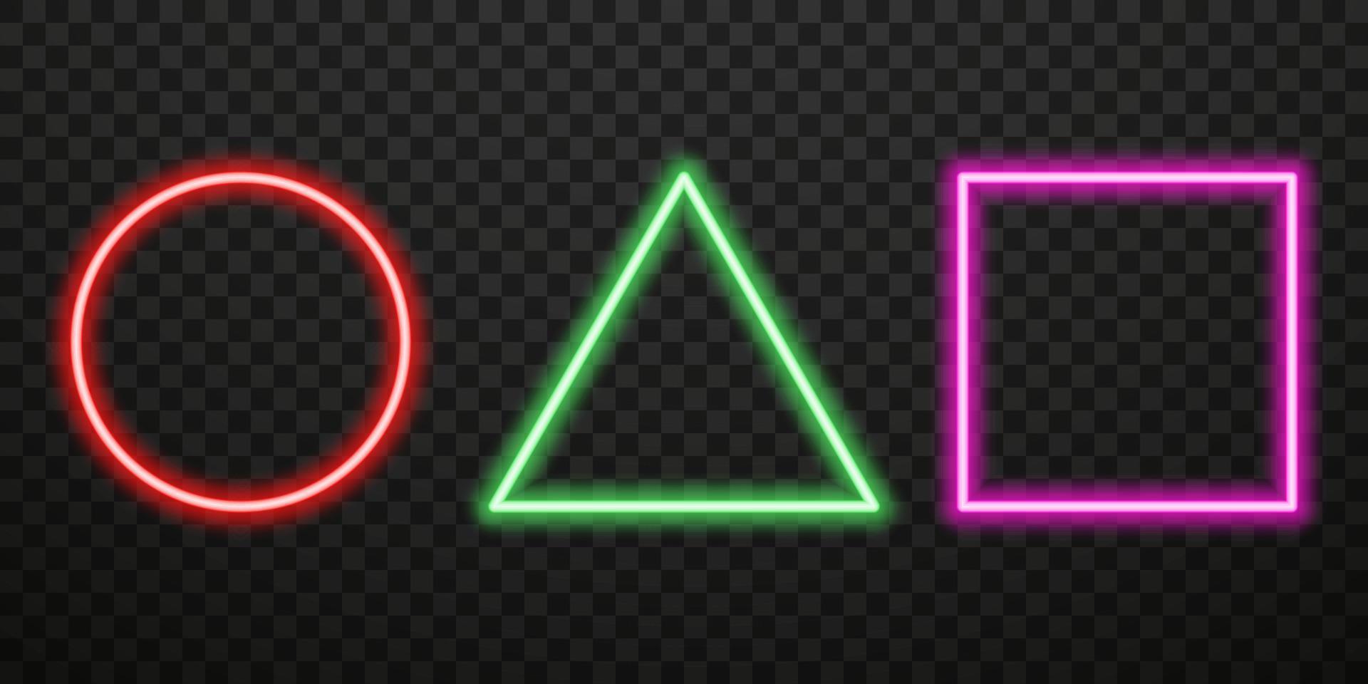 Glowing Neon Frames on Transparent Background. Frames with Neon Colored Border in Different Geometric Shapes. Isolated Vector Illustration.