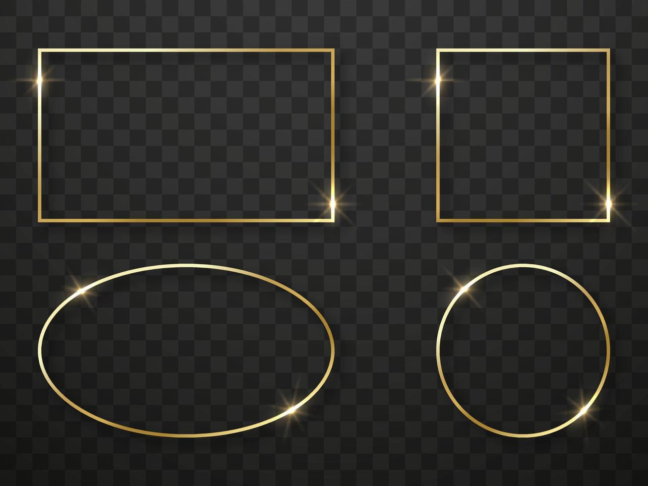 Set of Golden Light Frame with Shiny Effect on Black Transparent Background. Collection of Realistic Gold Border. Template of Glow Square, Rectangle, Circle, Oval Frames. Isolated Vector Illustration.