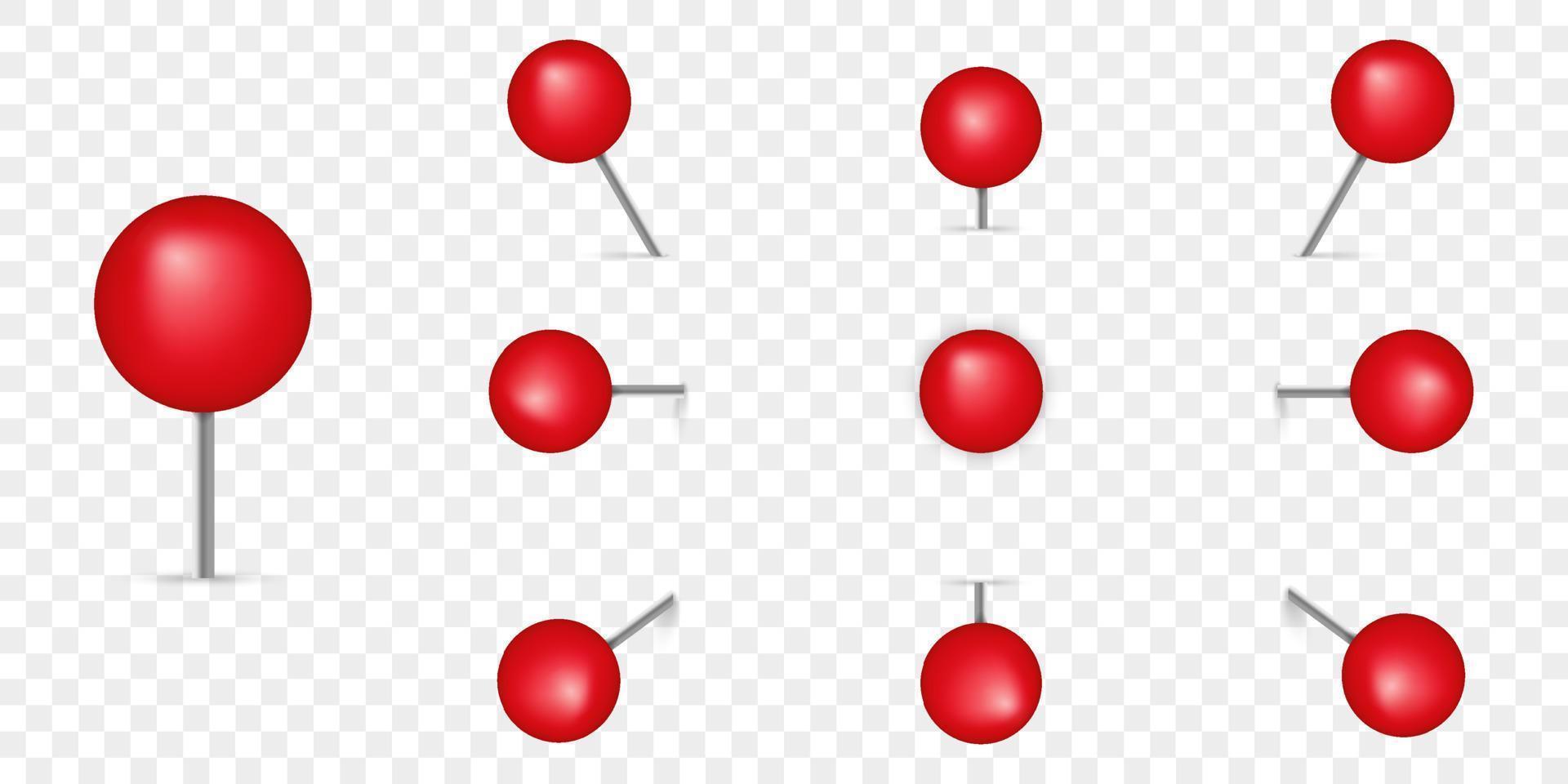 conjunto realista de alfiler rojo. chincheta 3d con aguja de metal sobre fondo transparente en ángulo. colección de chinchetas de globo rojo para mapa. chincheta redonda para nota de papel. ilustración vectorial aislada. vector