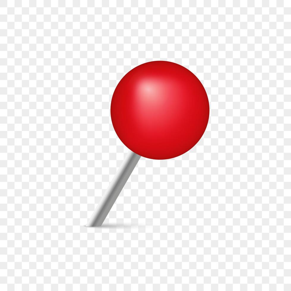 Pushpin with Metal Needle and Red head. Plastic Circle Push Pin on Transparent Background. Office Thumbtack for Notice Board and Attach Paper on Wall. Isolated Vector Illustration.