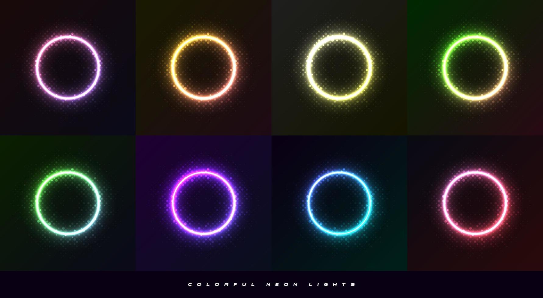 conjunto de marco circular con efecto de neón brillante y estilo de trama de semitonos. colección de luces de neón de colores aisladas en fondo oscuro con espacio de copia vector