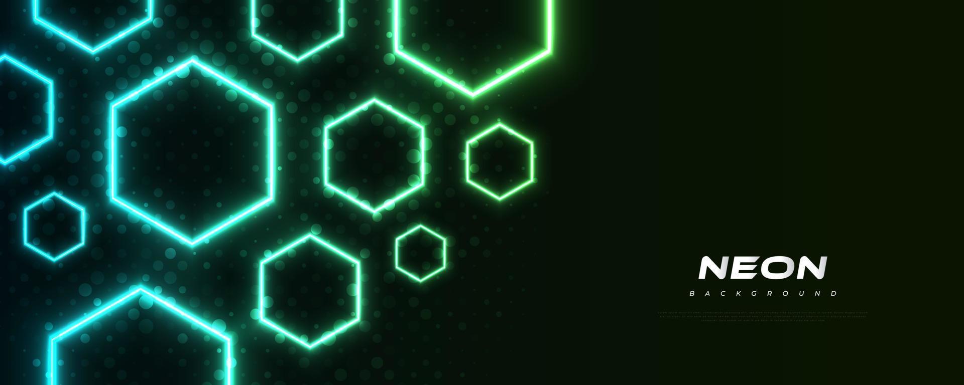 Modern Futuristic Sci-Fi Background with Glowing Hexagon Neon Shapes in Blue and Green with Halftone Style Isolated on Dark Background vector