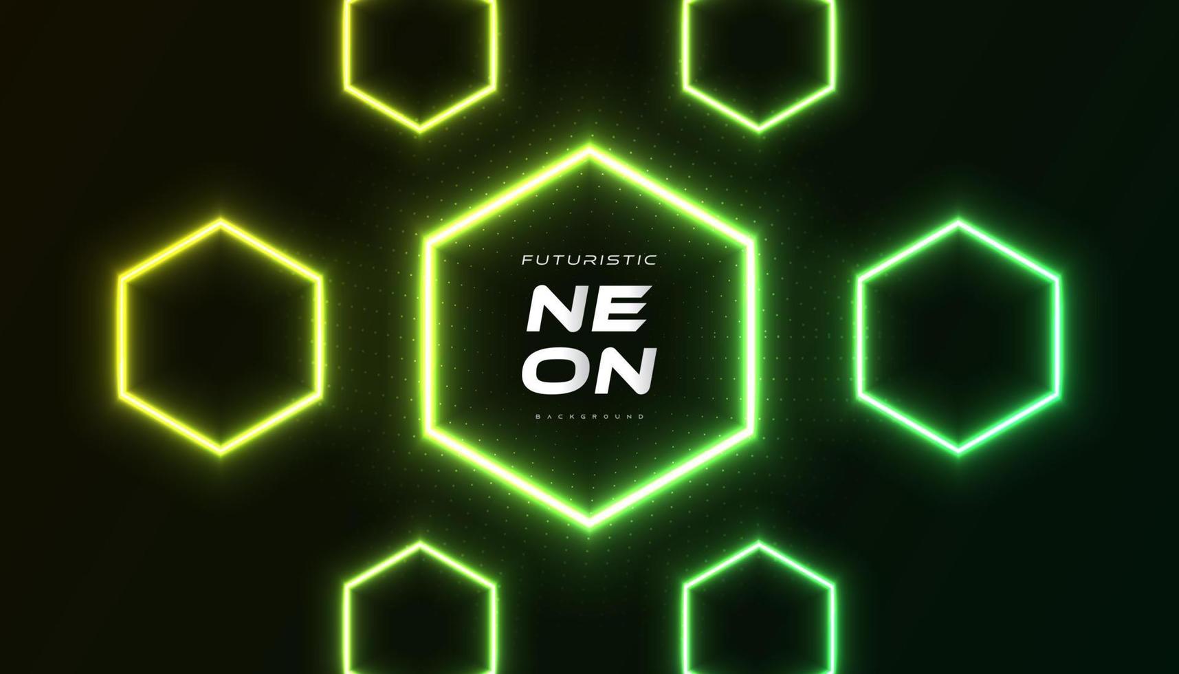 Modern Futuristic Sci-Fi Background with Glowing Hexagon Neon Shapes in Green and Yellow with Halftone Style Isolated on Dark Background vector