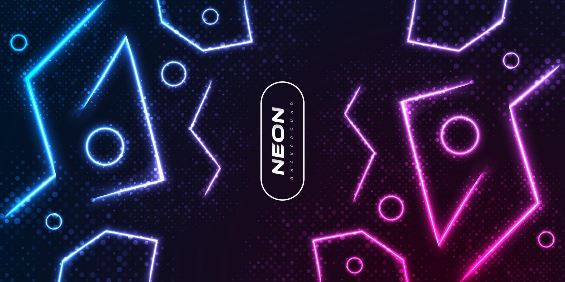 Modern and Futuristic Background with Abstract Shapes in Glowing Neon Effect and Halftone Style on Dark Background. Colorful Neon Background vector