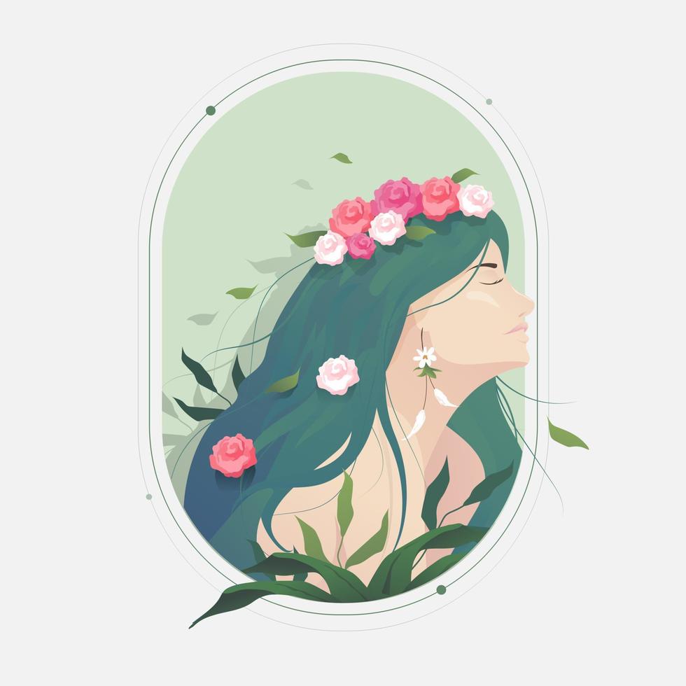Portrait of woman with rose flowers and leaves in nature art frame. 8 march background. International happy women's day. Vector illustration