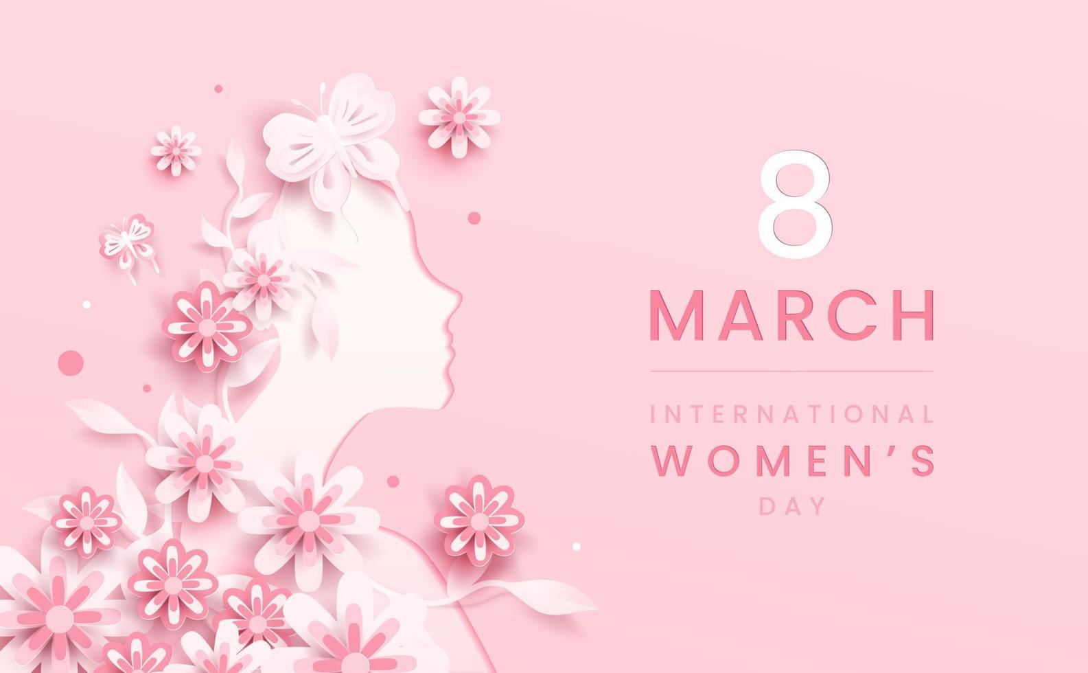 8 march background. International women's day floral decorations in paper art style with frame of flowers and leaves. Greeting card on pastel pink tone. Vector illustration