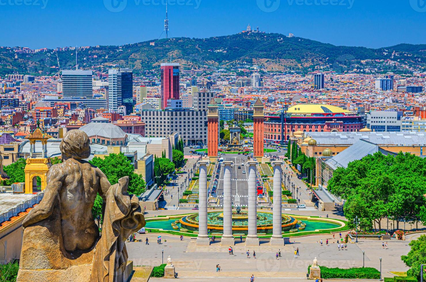 Cityscape of Barcelona with aerial view of Placa d'Espanya or Spain square with Torres Venecianes Venetian towers photo