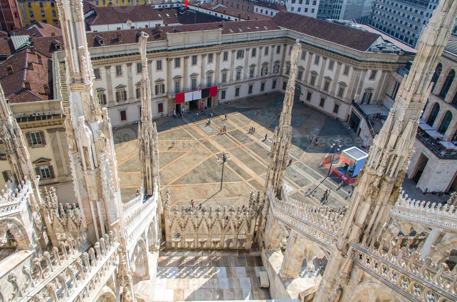 Top view from roof of famous Duomo di Milano Cathedral, Milan, Italy photo