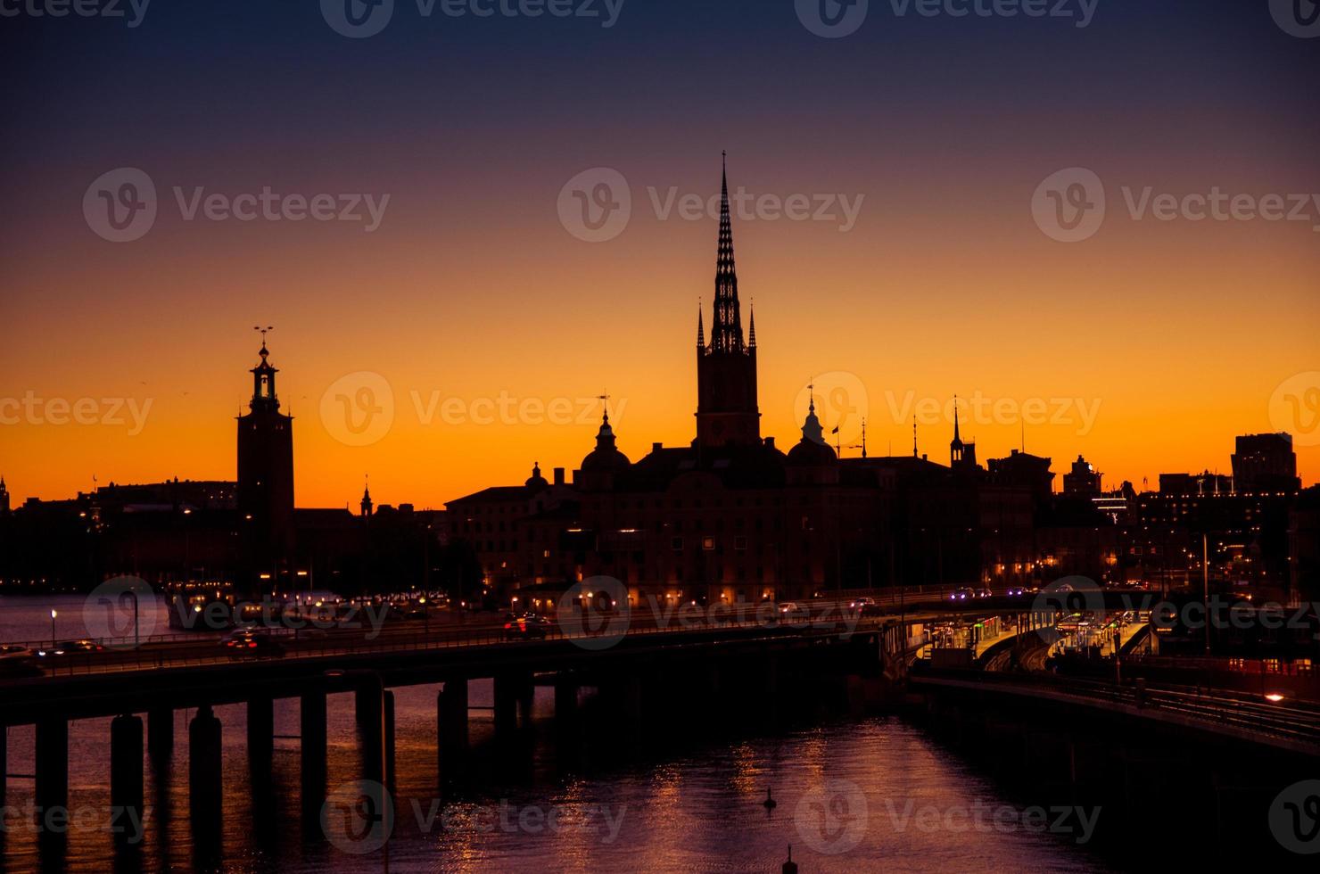 Silhouette of Stockholm cityscape skyline at sunset, dusk, Sweden photo