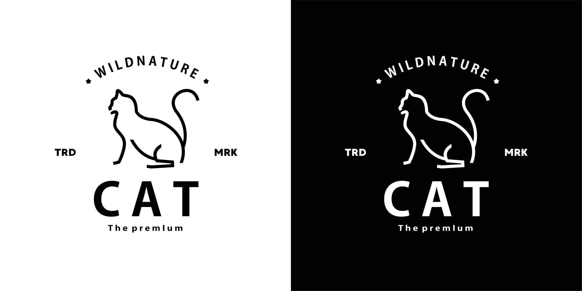 vintage retro hipster cat logo vector outline pet monoline art icon