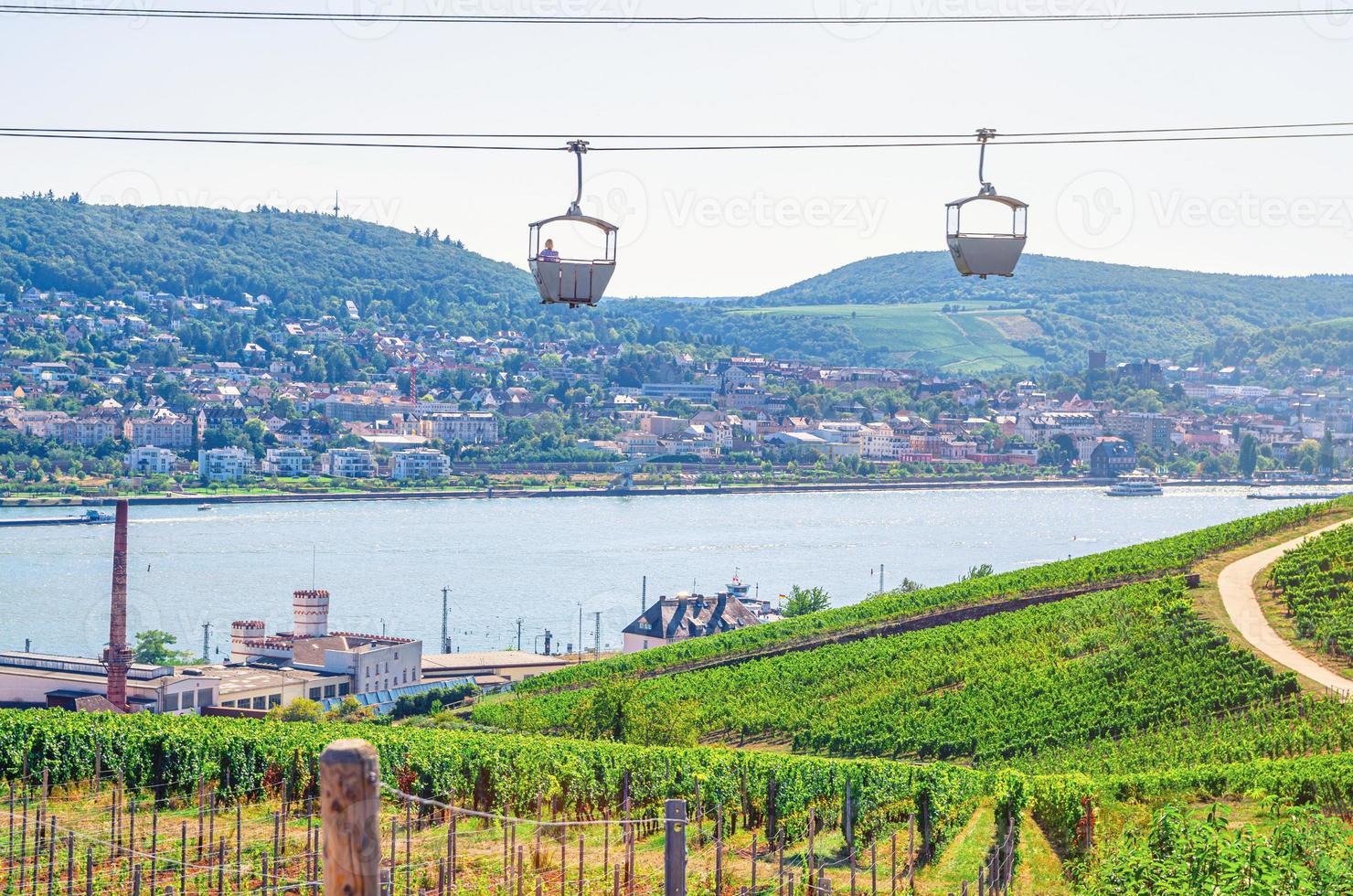 teleférico en la cuerda del teleférico desde la ciudad de rudesheim am rhein hasta el monte roseneck sobre campos de viñedos foto