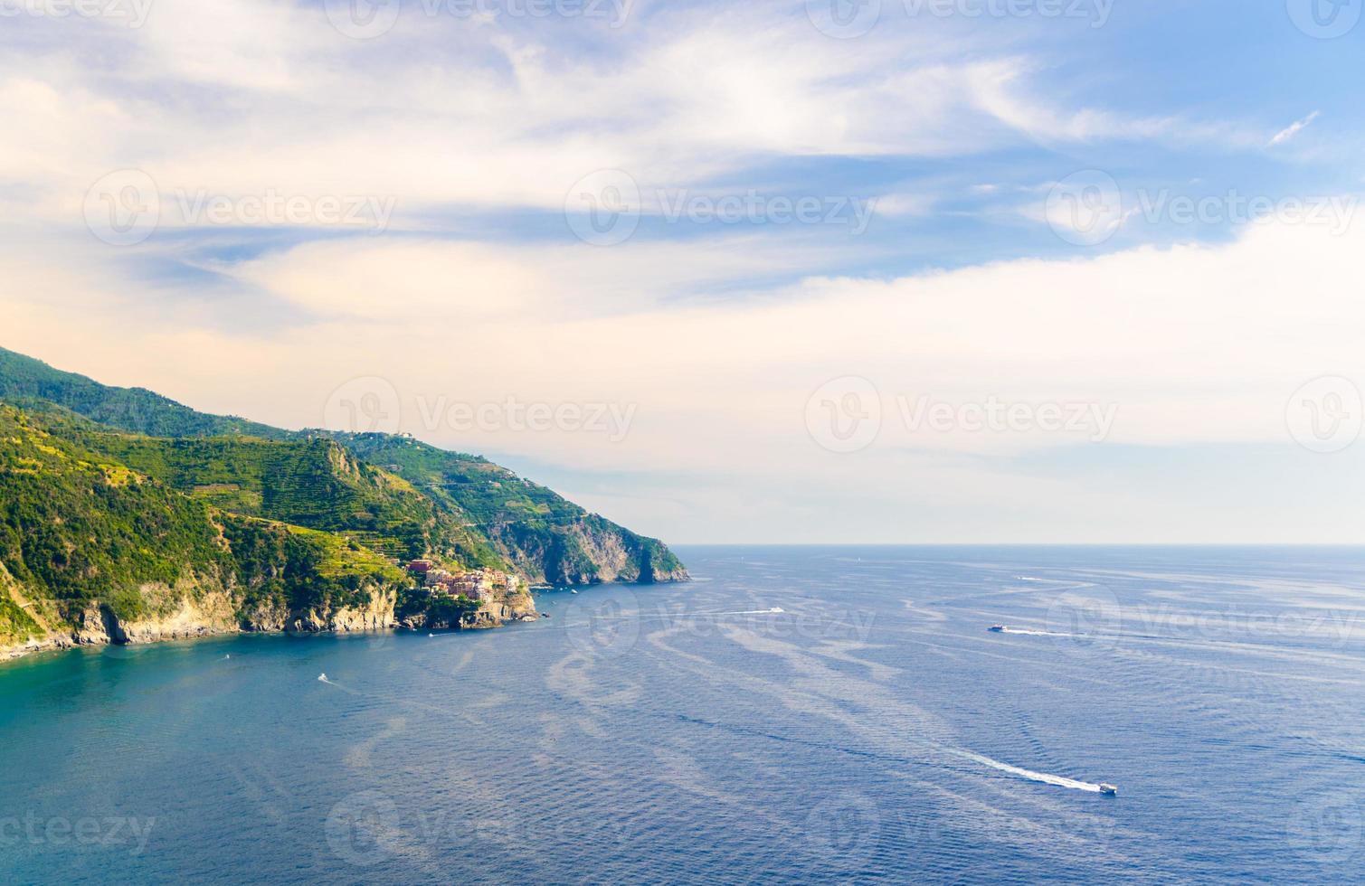 Aerial top panoramic view of Manarola village on cliff and Gulf of Genoa, Ligurian Sea photo