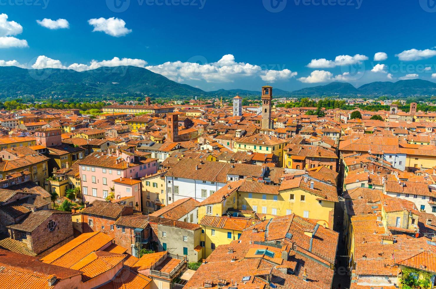 Aerial top panoramic view of historical centre medieval town Lucca photo