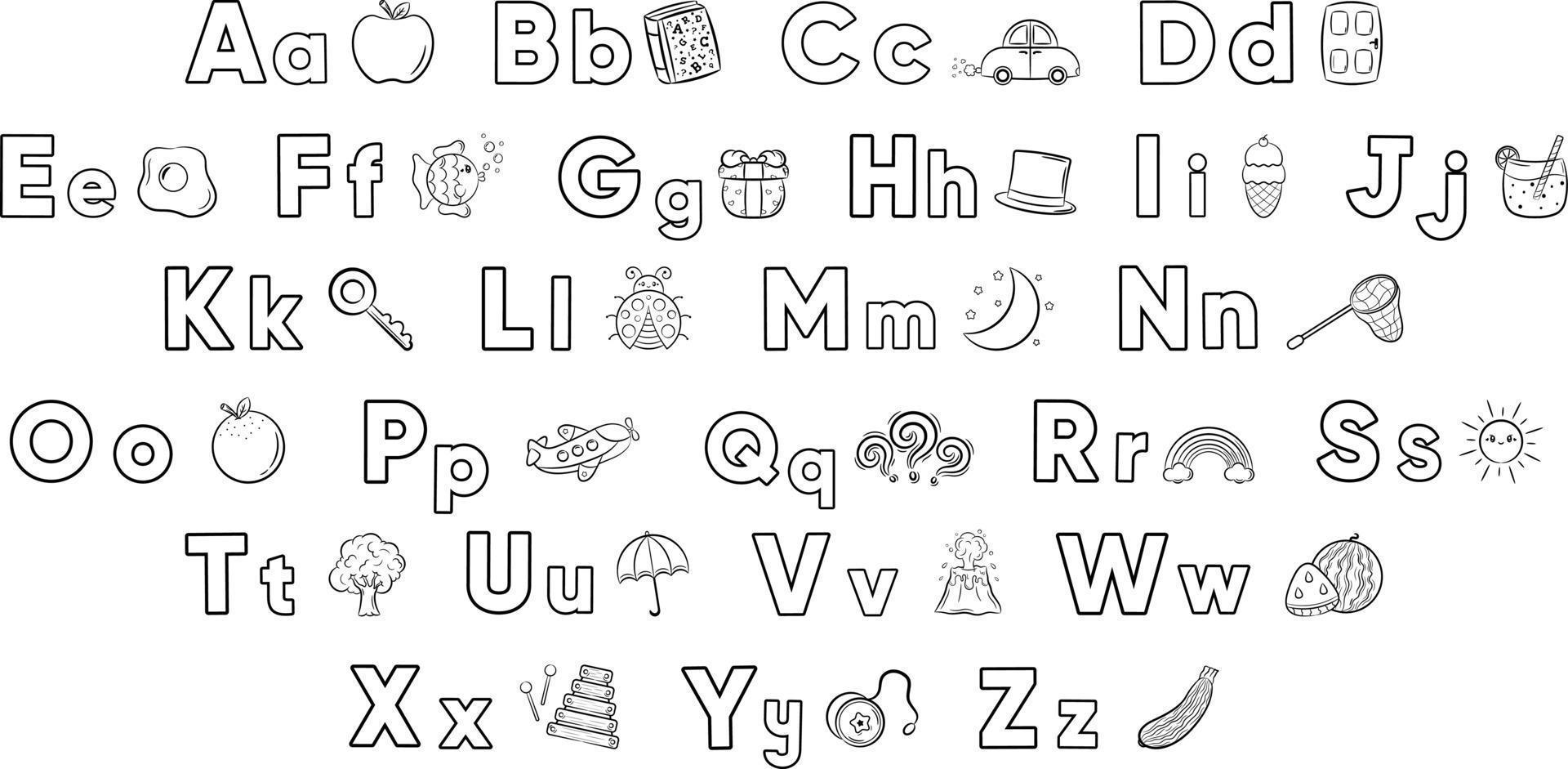 Alphabet letters with objects sketched for coloring 6115255 Vector Art