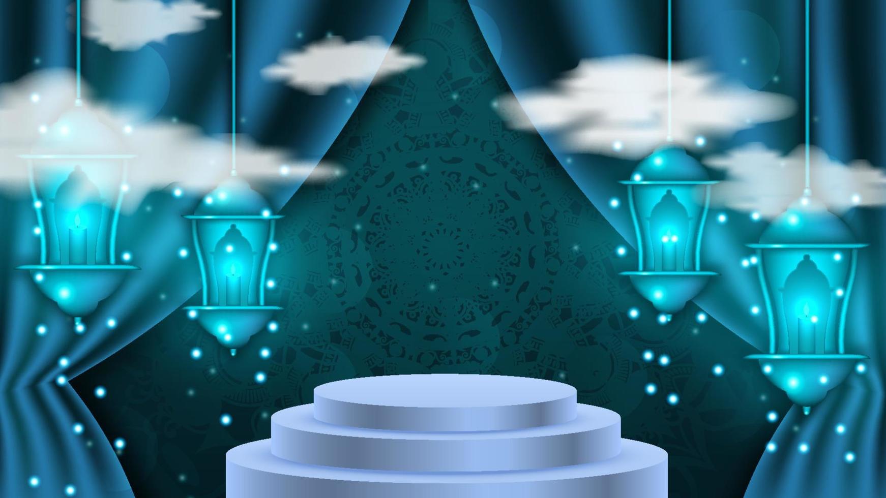 Simple 3d podium pedestal stage with arabian hanging lantern and mosque door decoration for ramadan islamic event vector