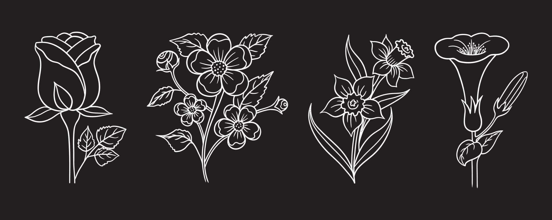 conjunto de flores dibujadas a mano en blanco y negro ilustración vectorial sobre fondo negro vector