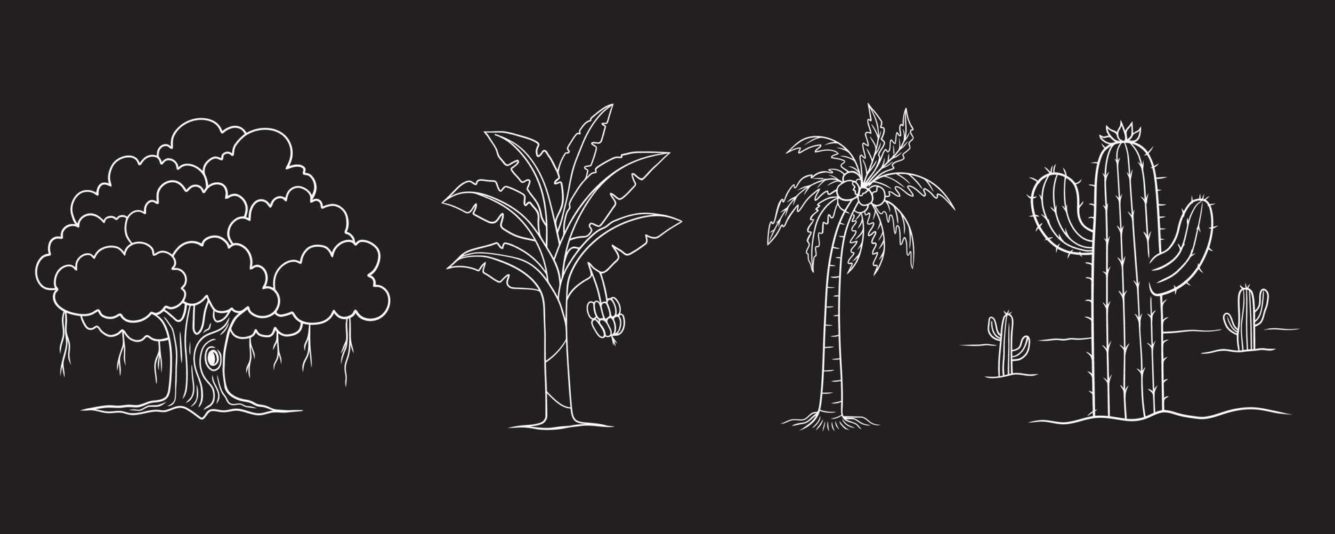 Set of various hand drawn trees vector clip art on black background