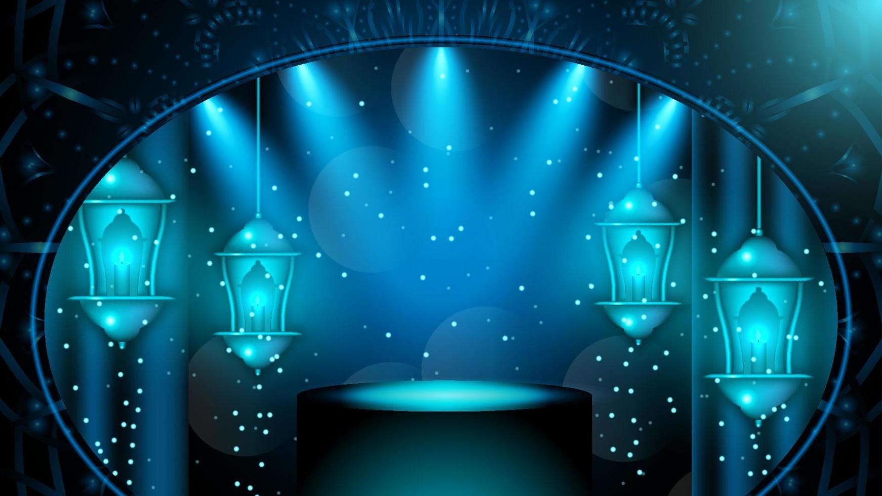 Simple 3d podium pedestal stage with arabian hanging lantern and mosque door decoration for ramadan islamic event vector