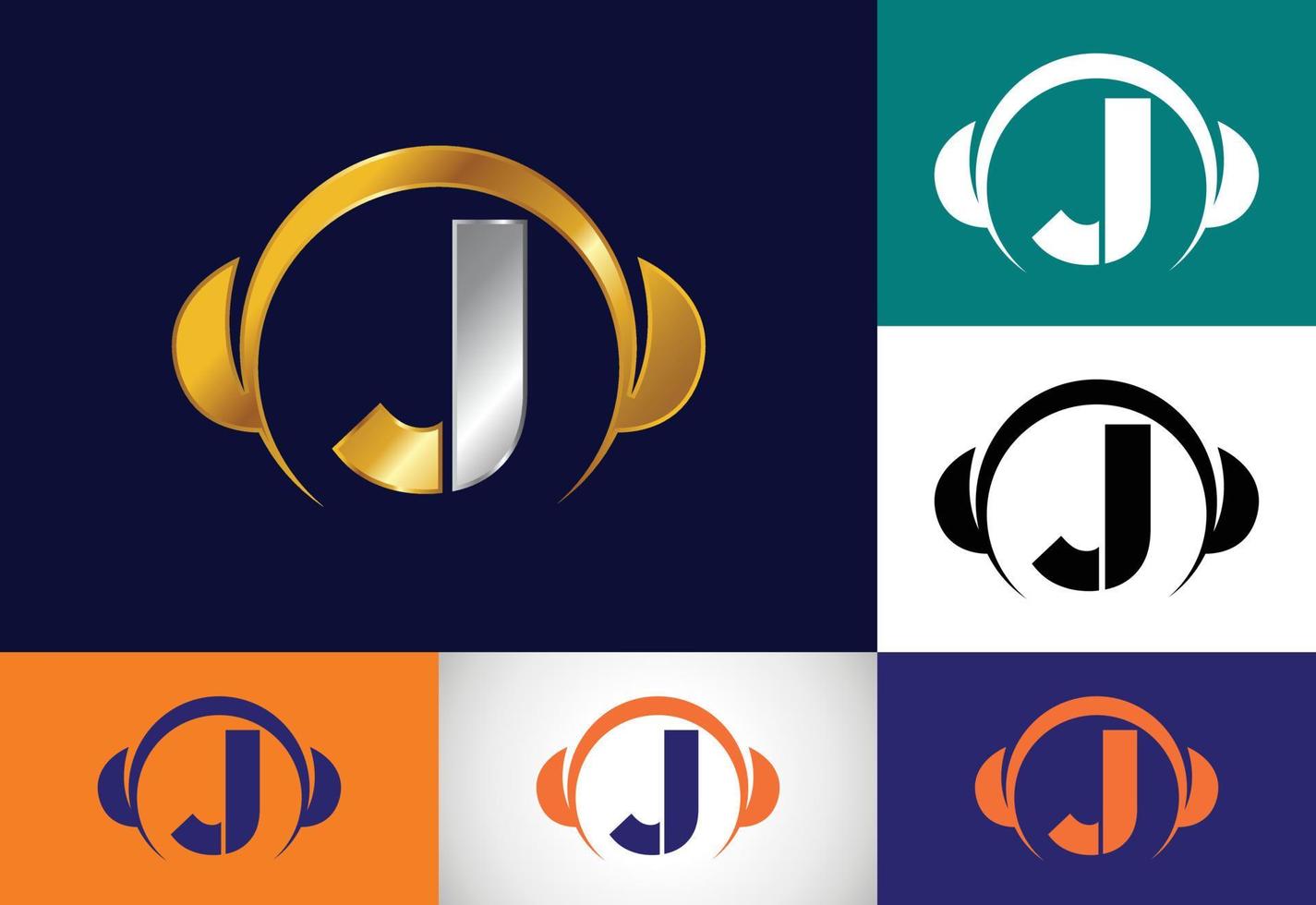 alfabeto de monograma j inicial con auriculares. logotipo de auriculares símbolo de signo de música. emblema de fuente vector