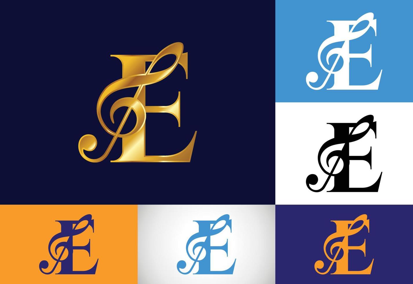 Initial E monogram alphabet with a musical note. Symphony or melody signs. Musical sign symbol. vector