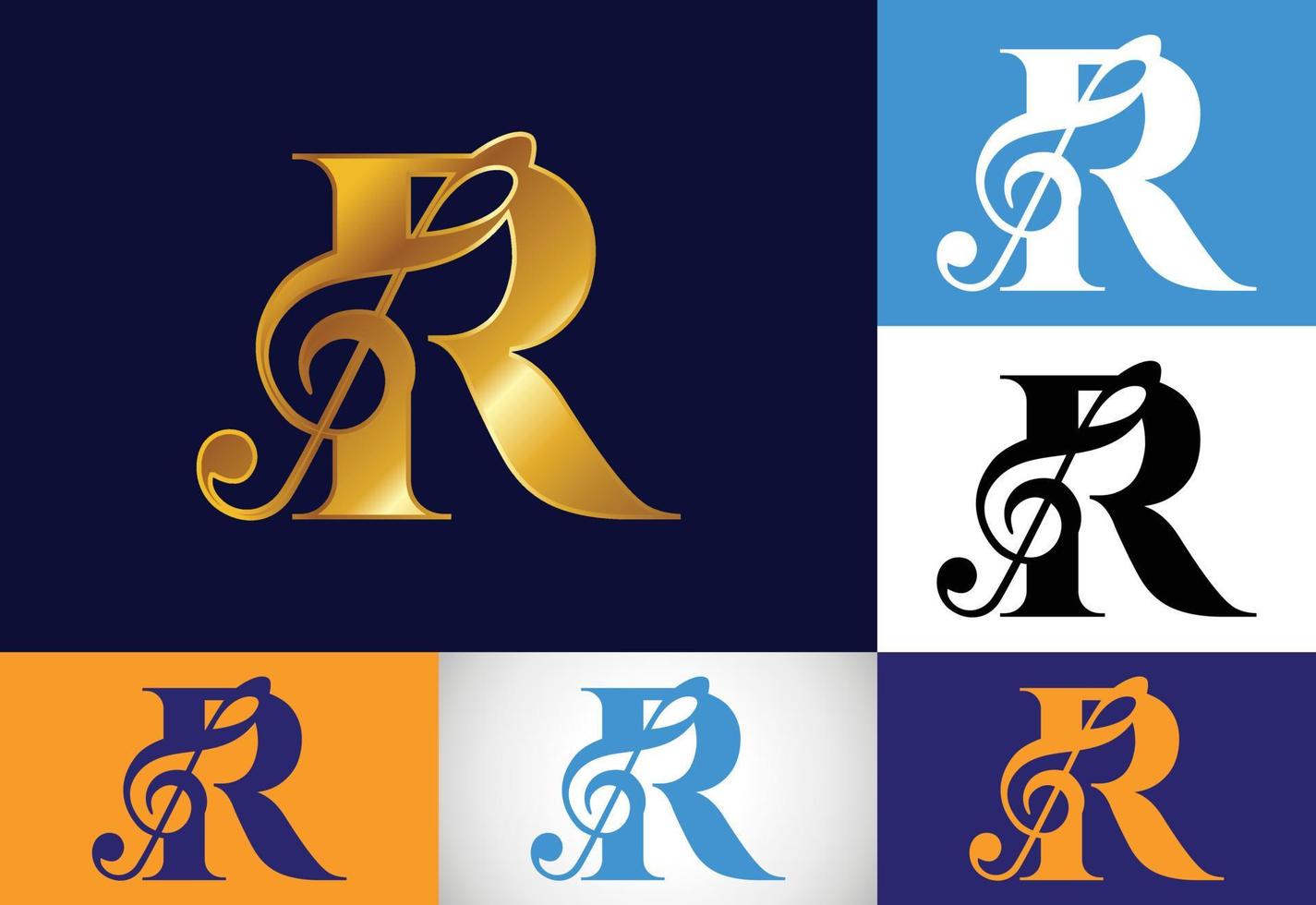 Initial R monogram alphabet with a musical note. Symphony or melody signs. Musical sign symbol. vector
