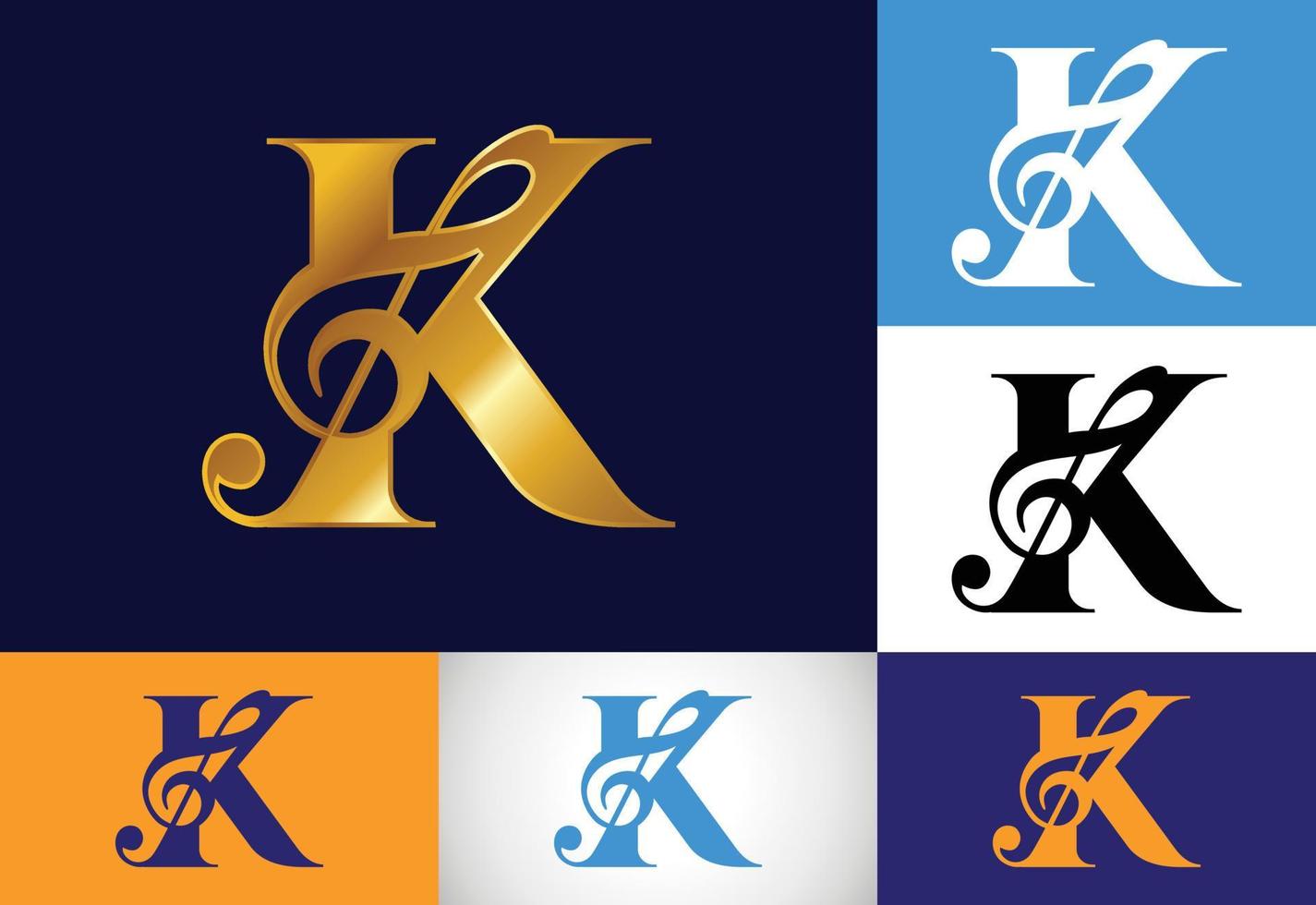 Initial K monogram alphabet with a musical note. Symphony or melody signs. Musical sign symbol. vector
