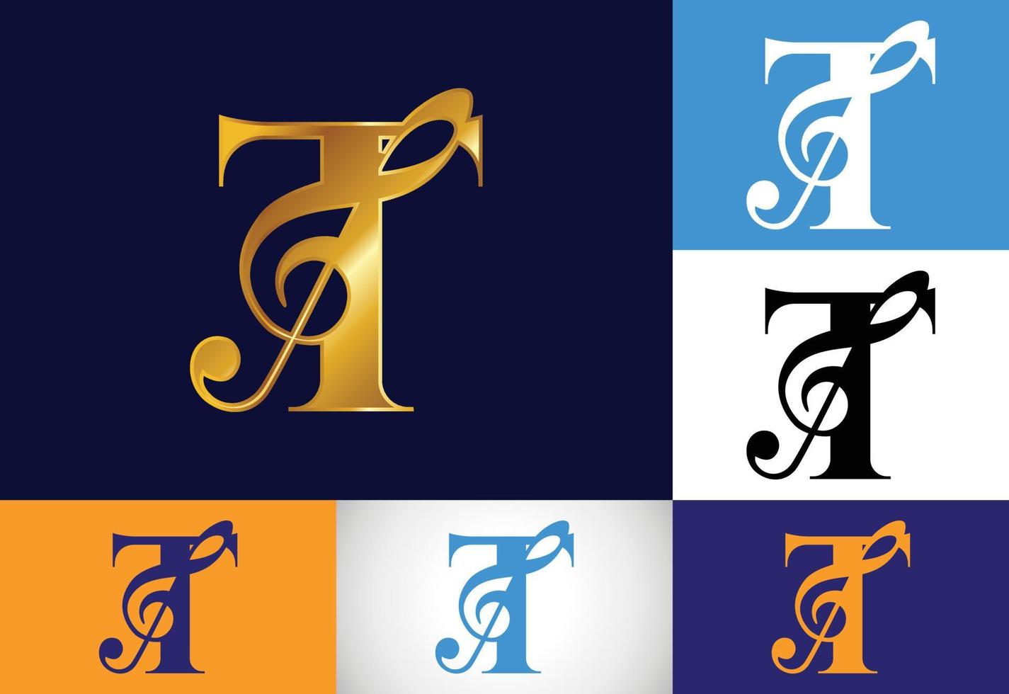 Initial T monogram alphabet with a musical note. Symphony or melody signs. Musical sign symbol. vector
