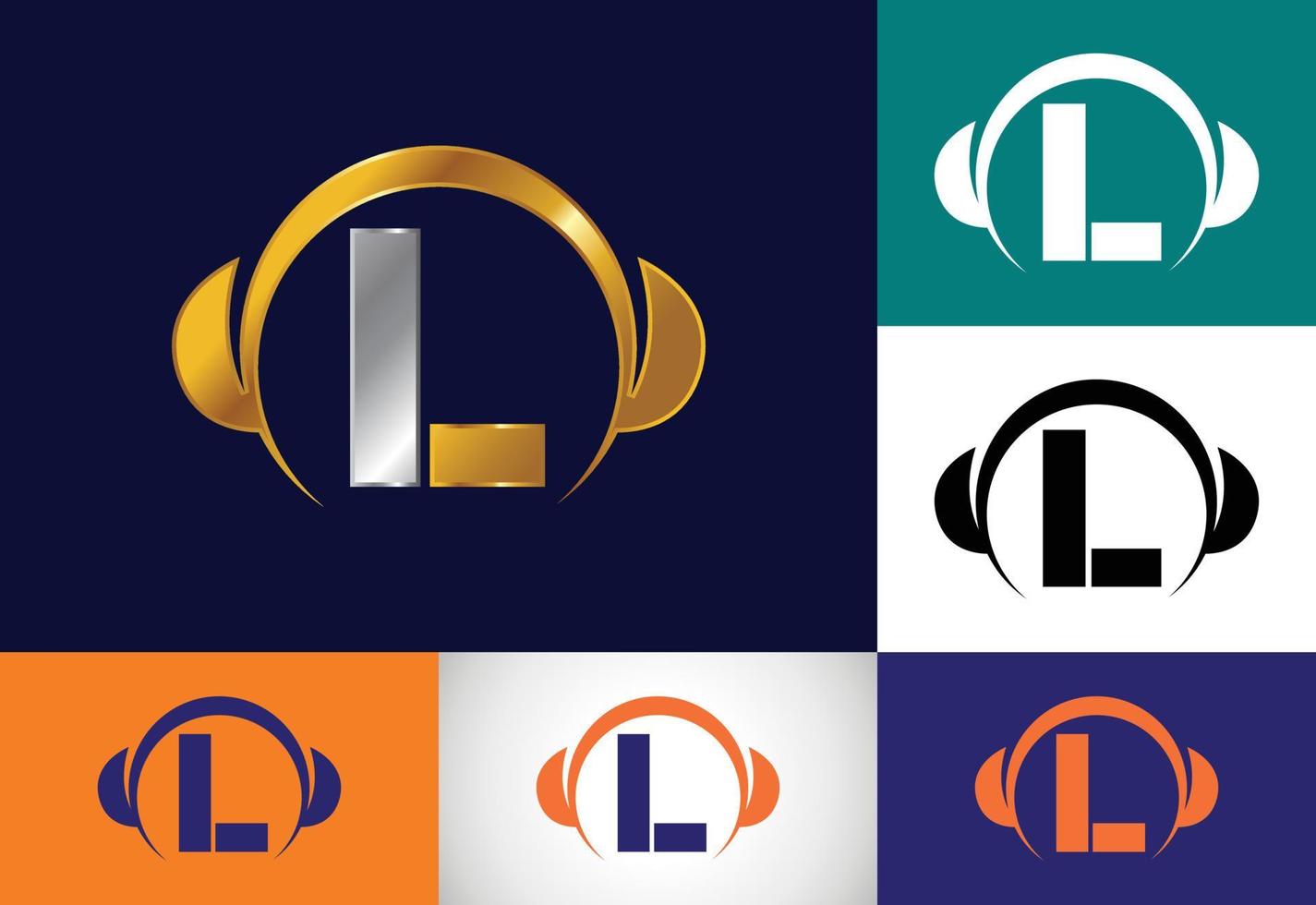 alfabeto inicial del monograma l con auriculares. logotipo de auriculares símbolo de signo de música. emblema de fuente vector