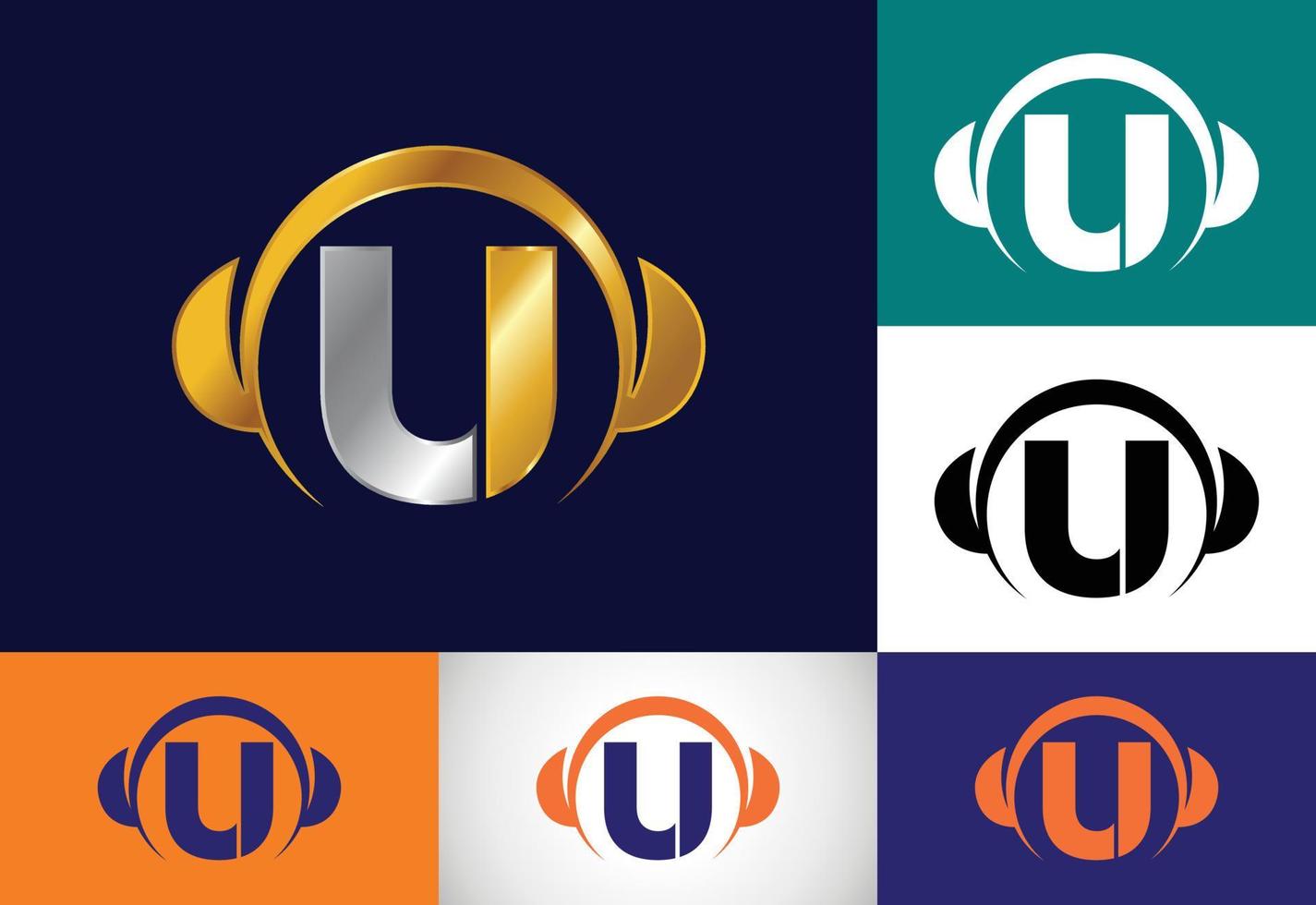 Initial U monogram alphabet with a headphone. Headphone Logo. Music sign symbol. Font emblem. vector