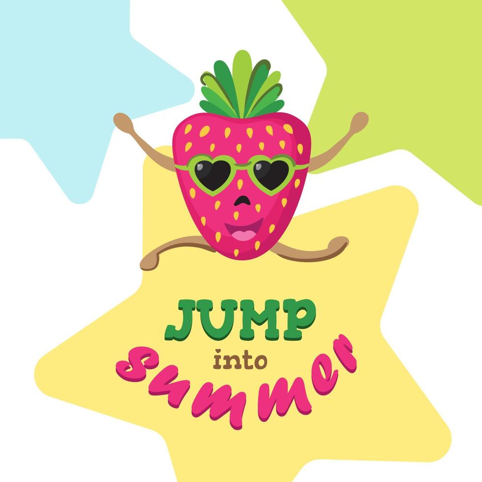 Card with phrase Jump into summer. Cheerful jumping strawberry does sports exercises. vector