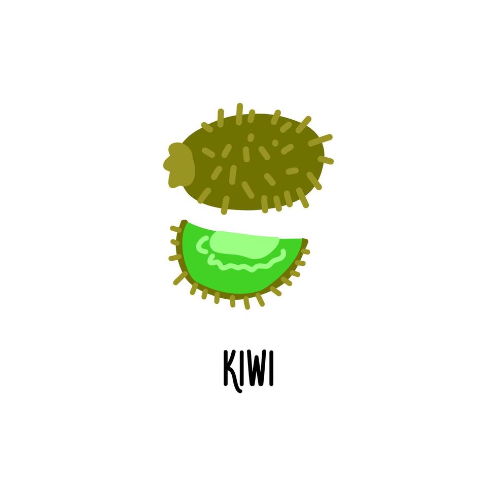 imagen divertida de un kiwi y una rebanada al estilo plano. clipart aislado sobre un fondo blanco vector