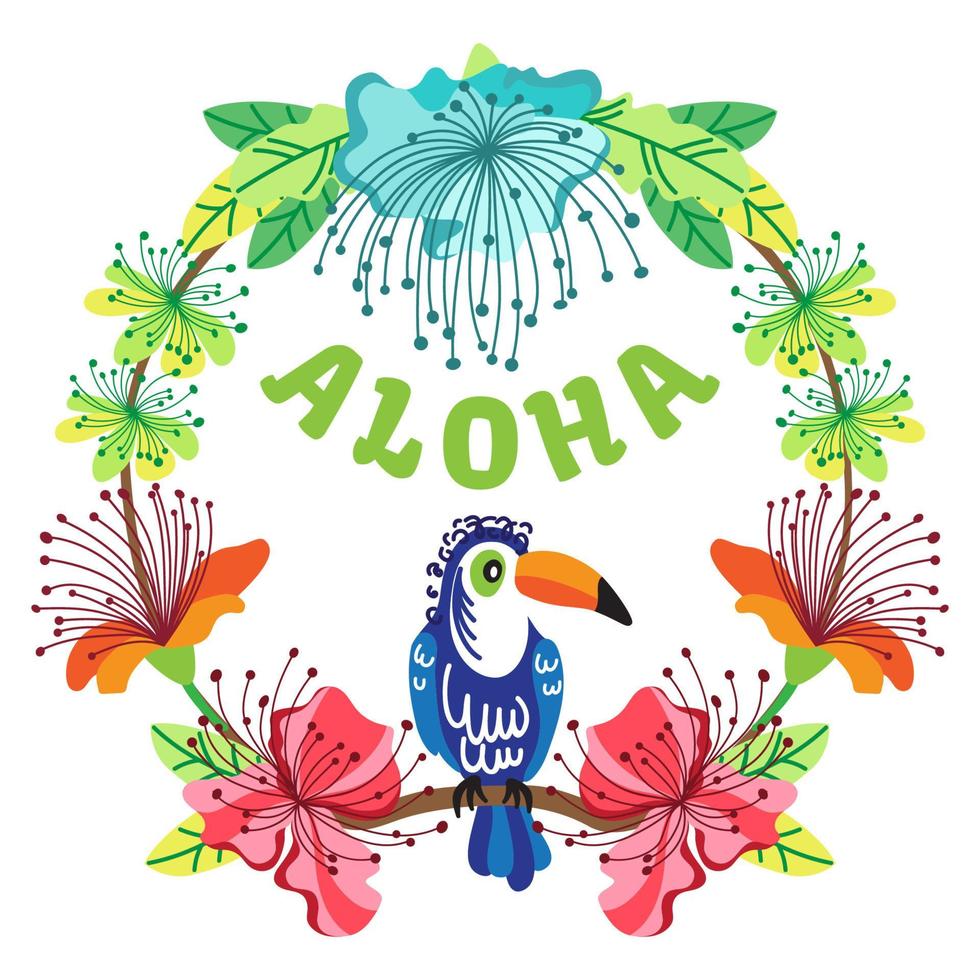 Aloha invitation design with toucan, exotic flowers and leaves. perfect for cards, invitations, posters, applying to a bag, t-shirt, mug. vector