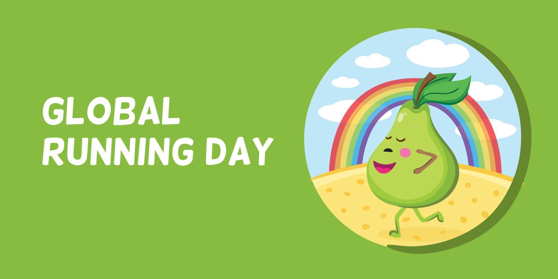 Global running day poster. Cartoon character pear runs down the street vector