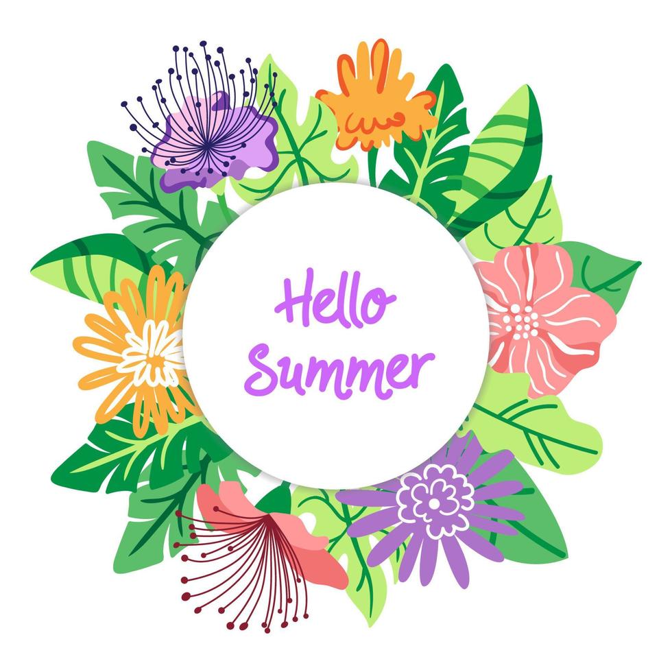 Hello summer card. Vector illustration for greeting card. Holiday time. Hello Summer typographical background with tropical plants and exotic flowers.