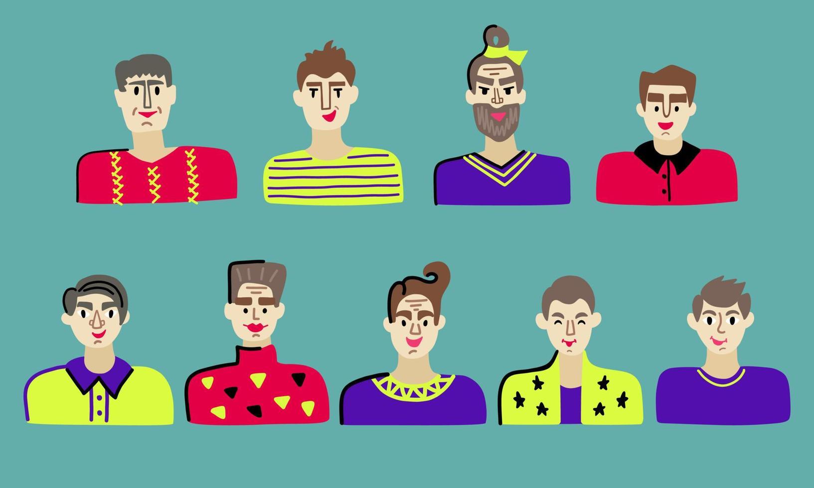 A set of funny painted male portraits of avatars in the flat style vector