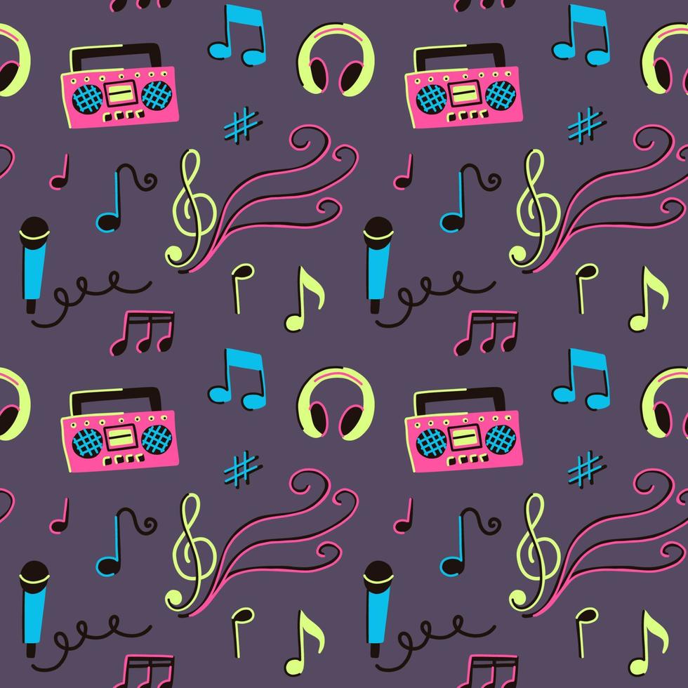 Seamless pattern with musical elements, notes, microphone, sound, tape recorder, headphones vector