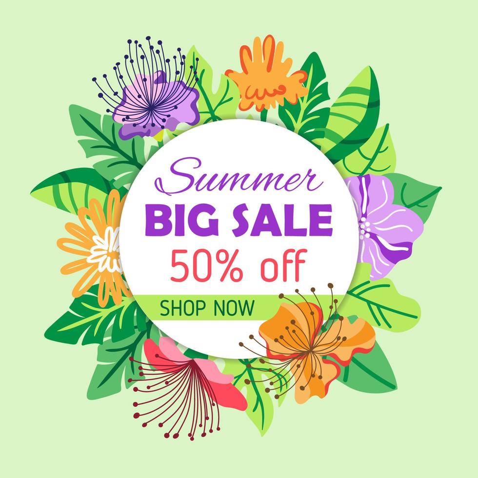 Summer sale banner. Big discount. Summer sale round background with flowers, leaves. Tropical banner, flyer, invitation, posters, brochure, voucher discount. vector