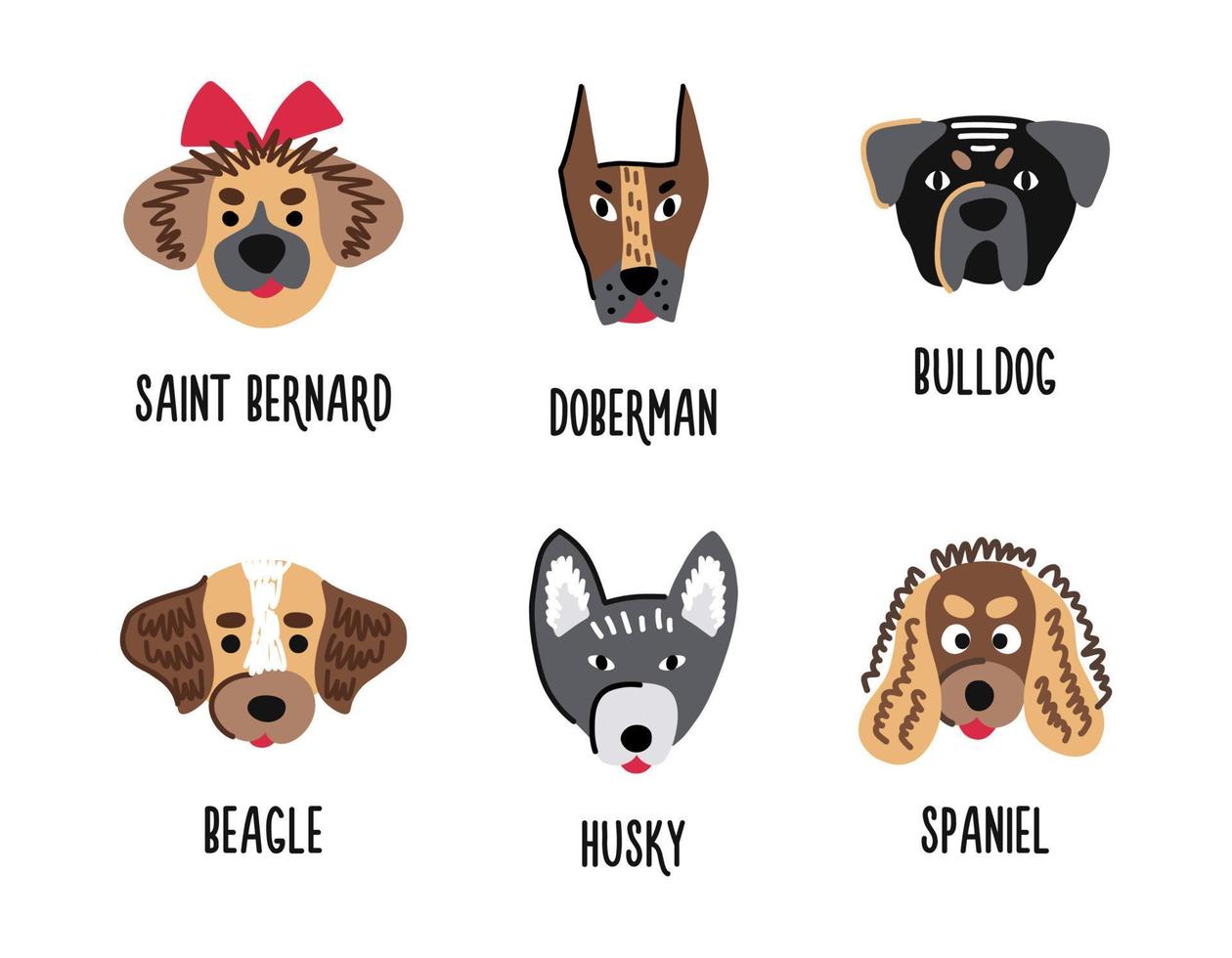 A set of funny cute faces of dogs of different breeds vector