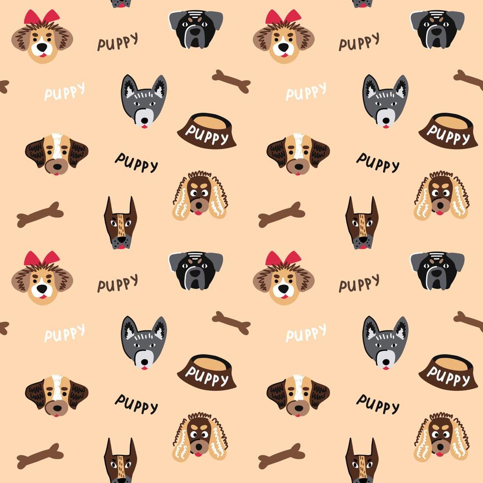 Seamless pattern with funny puppies of different breeds vector