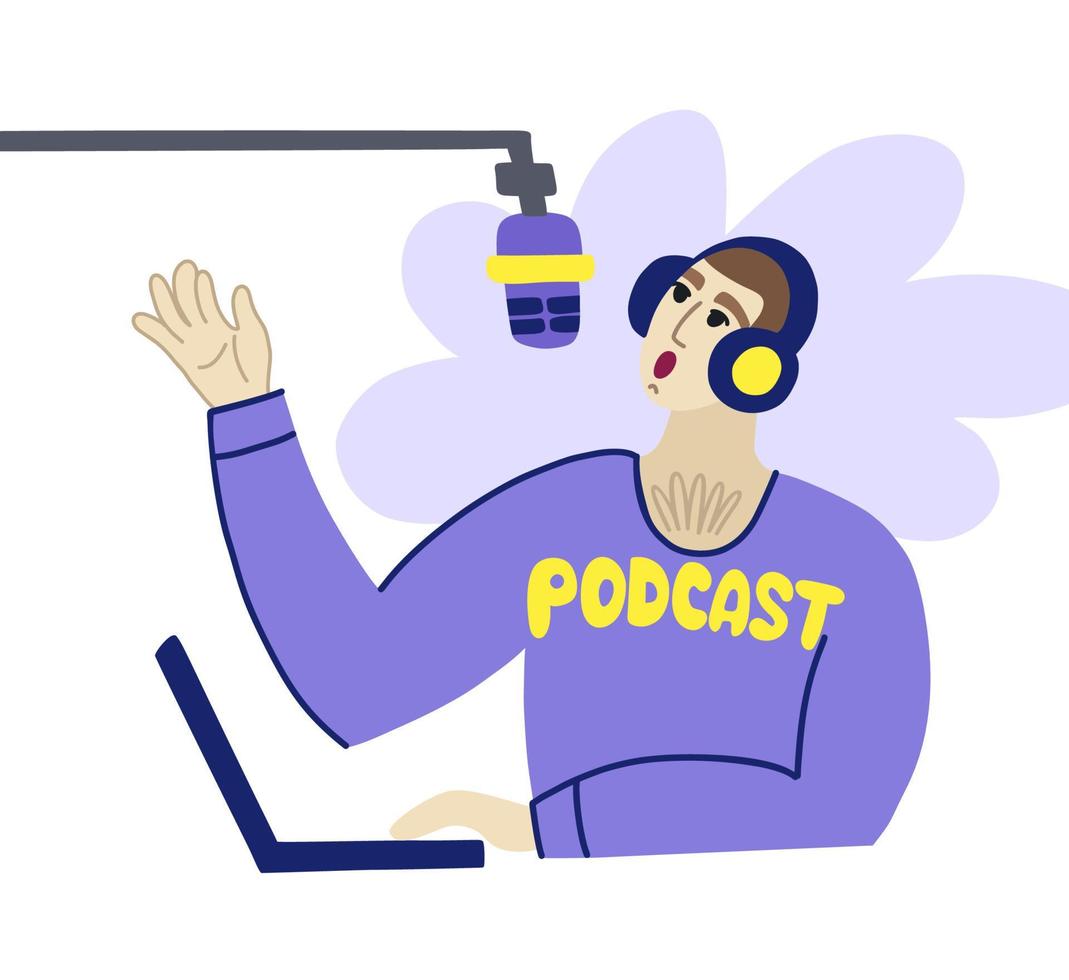 A man is hosting a podcast with headphones with a microphone and a laptop vector