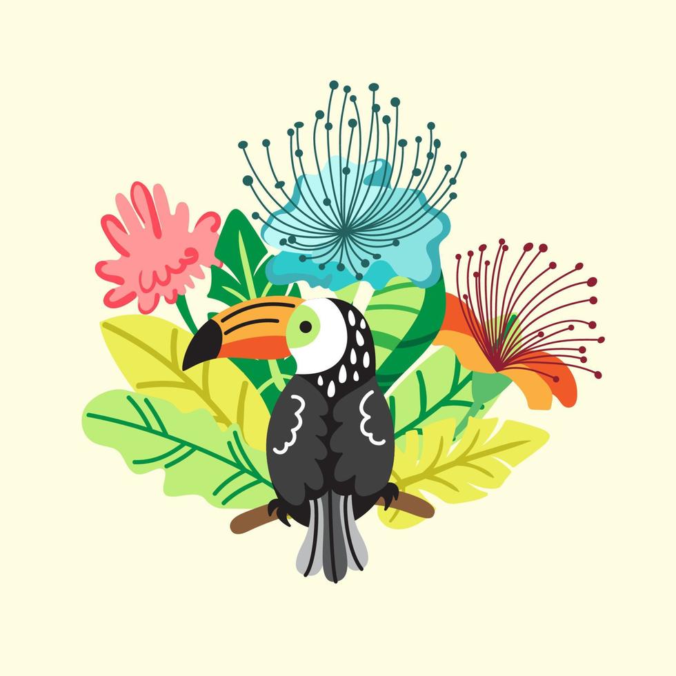 Toucan, bird of paradise, exotic birds, tropical flowers, palm leaves, jungle leaves. vector