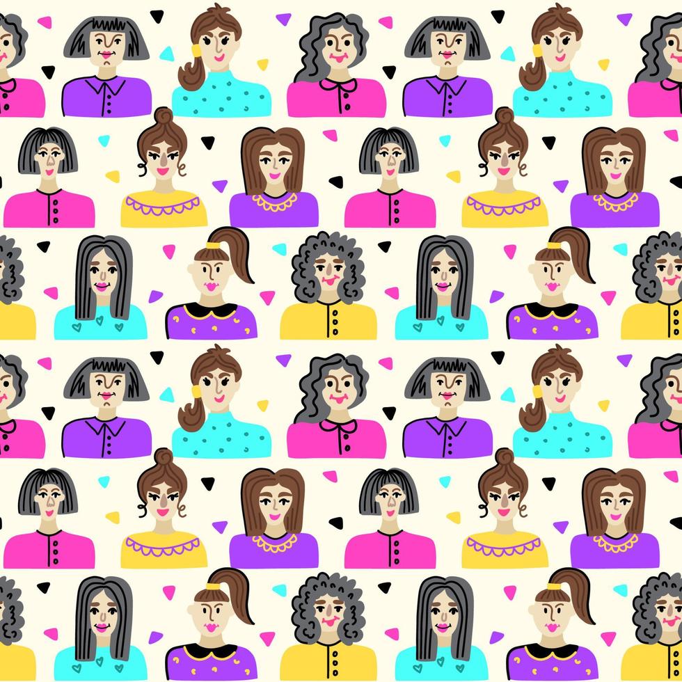 patrón impecable con las caras de las chicas con diferentes peinados. día Internacional de la Mujer vector