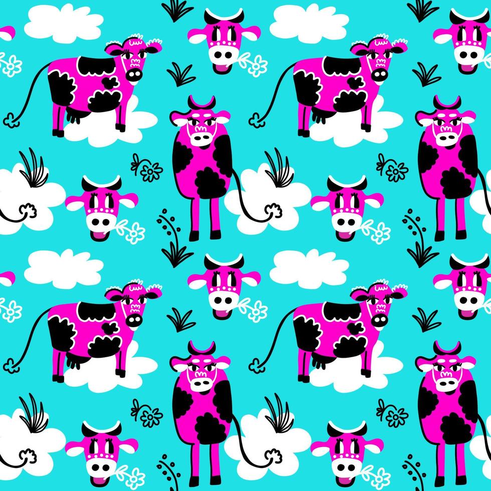 Seamless pattern with bright cows and bulls grazing in a meadow with flowers, grass and clouds vector