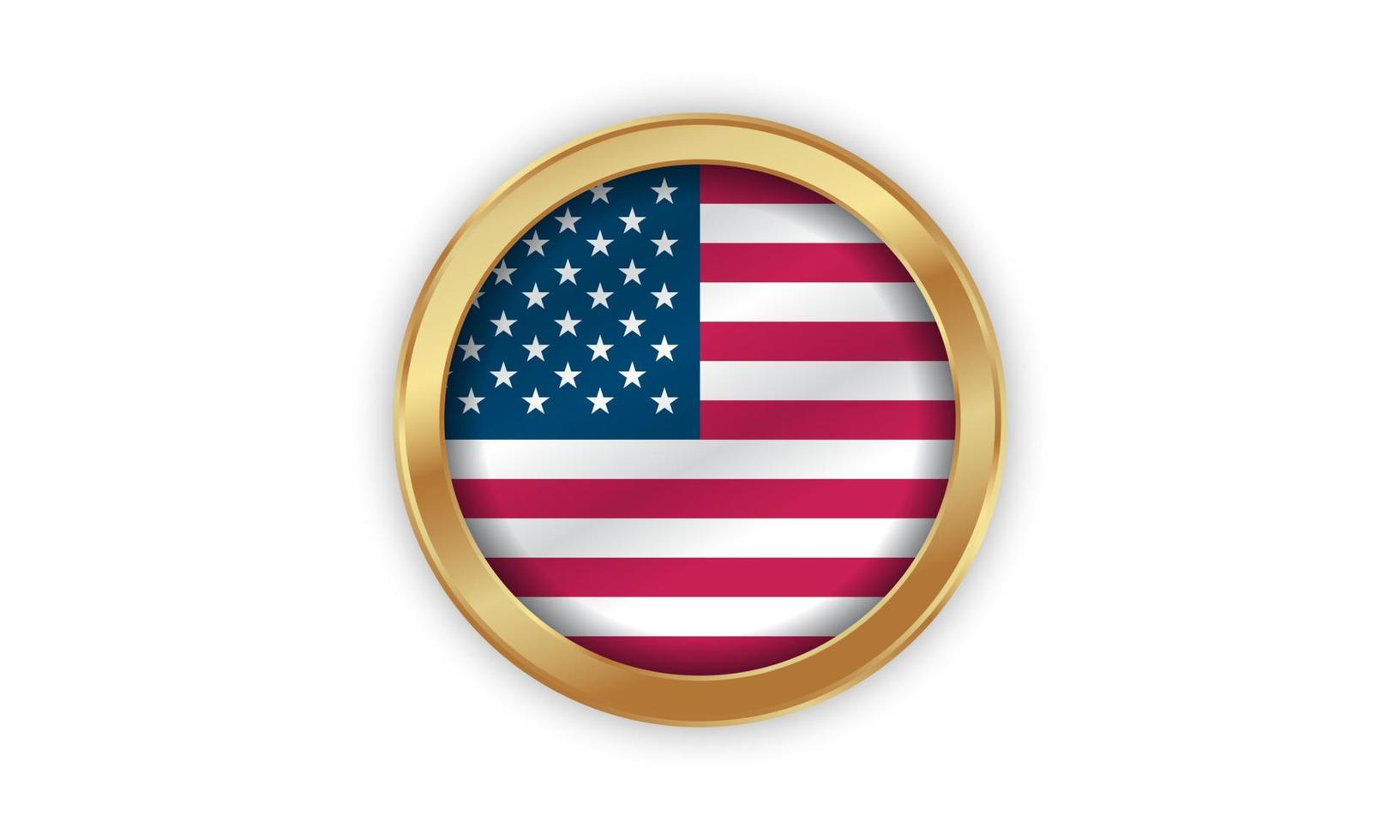 Simple round USA golden badge icon with shiny United States country flag on white background. vector