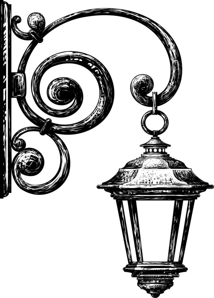 Street lamp.Flashlight.Engraving.Lamppost.Silhouettes of retro lantern. vector