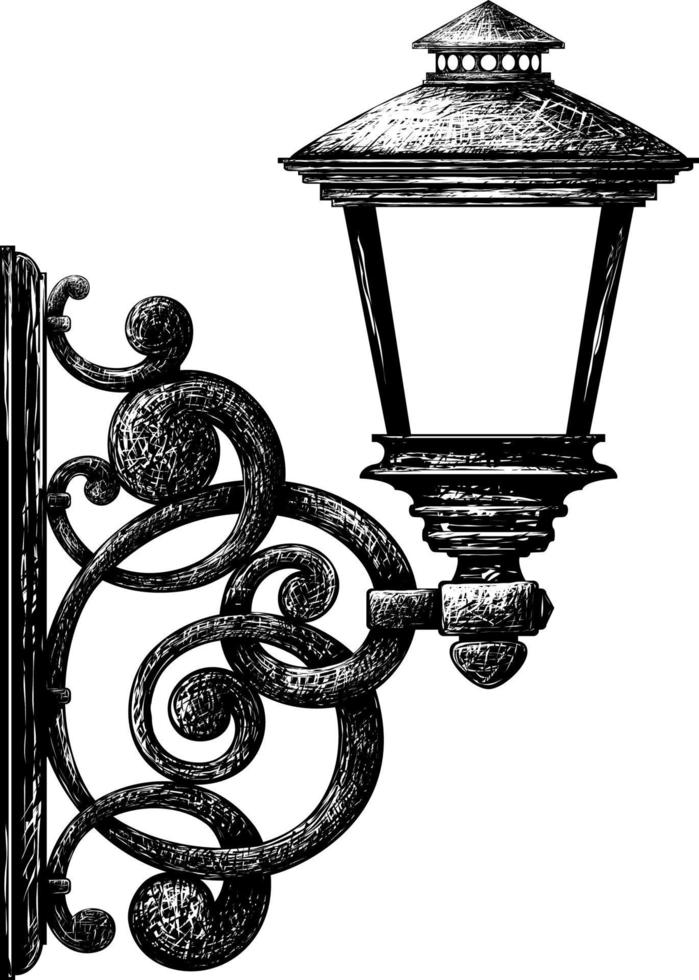 Street lamp.Flashlight.Engraving.Lamppost.Silhouettes of retro lantern. vector