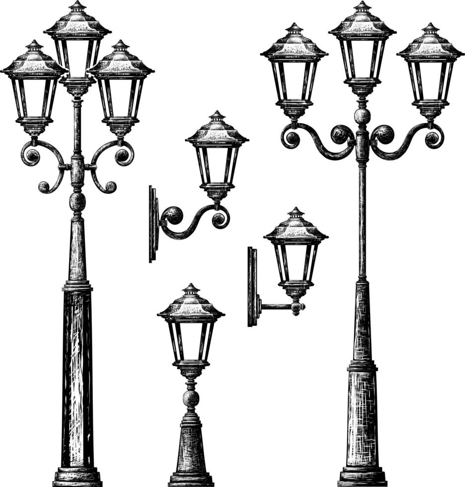 Street lamp.Flashlight.Engraving.Lamppost.Silhouettes of retro lantern. vector