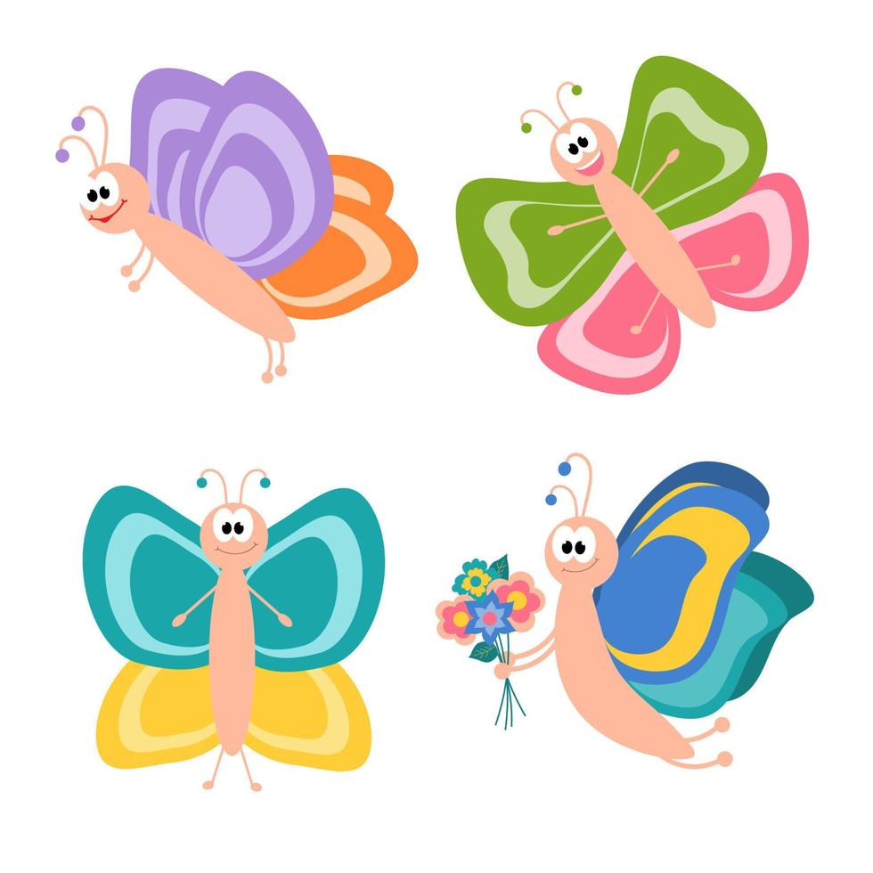 un conjunto de mariposas divertidas con caras graciosas. personaje animado. ilustración aislada para el diseño. vector